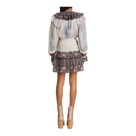 Ulla Johnson Sara Metallic Blue Stripe Ruffle Long Sleeve Silk Mini Dress - Picture 5 of 10